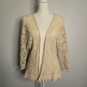 Y2k Coquette Floral Lace Open Front Cardigan Cream Size M Romantic Fairy Sheer